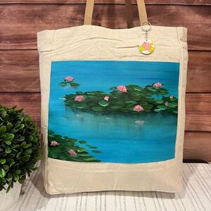 Hand painted canvas tote bag ( pink water lily)